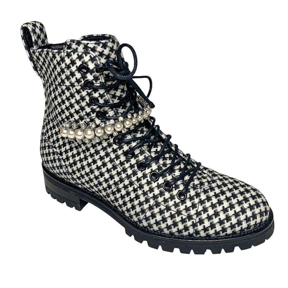 Jimmy Choo Cruz Black White Houndstooth Embellished Combat Lace-Up Boots Eu 37